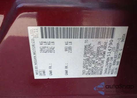 2011 Nissan Altima 2.5 S z USA, uszkodzony, nr VIN 1N4AL2AP6BN514790